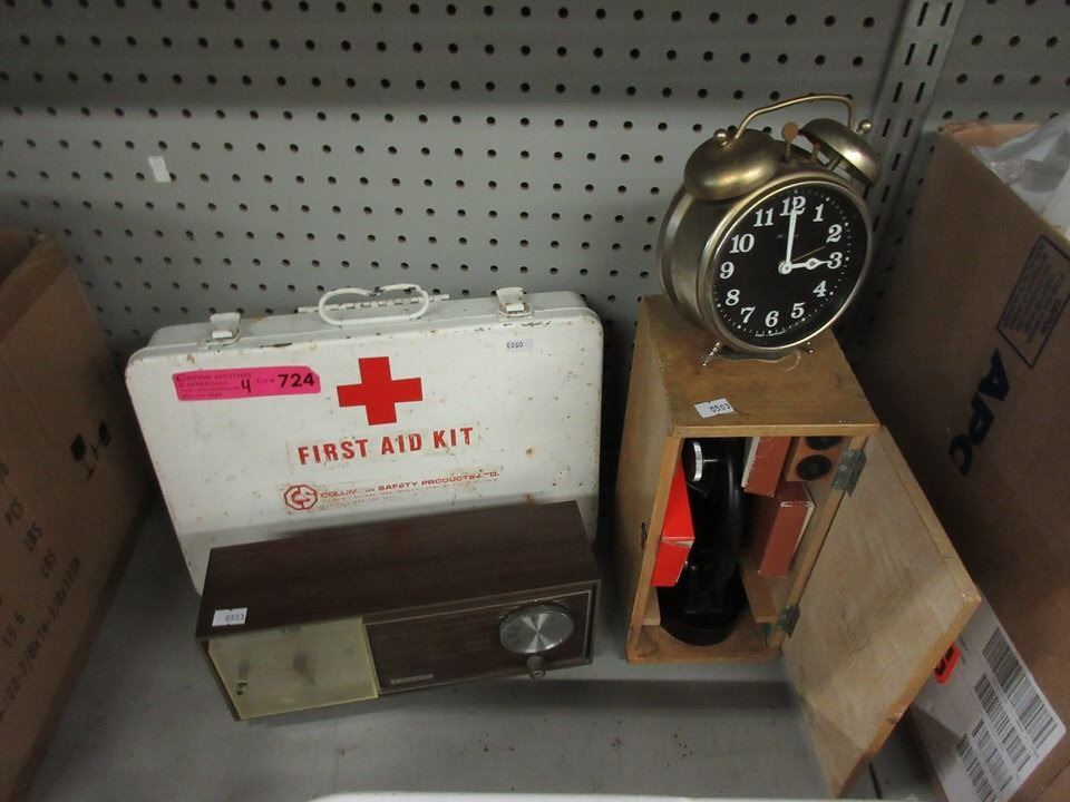 Vintage Microscope, Clock Radio & First Aid Box