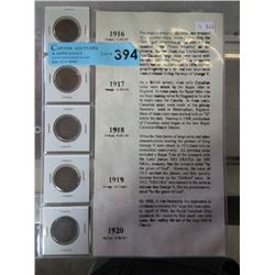 5 Vintage Canadian Large Cent Coins - 1916 to 1920