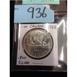 1962 Canadian Silver Dollar Coin - .800 Silver