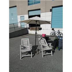 Patio Umbrella with Stand & 2 Folding Chairs