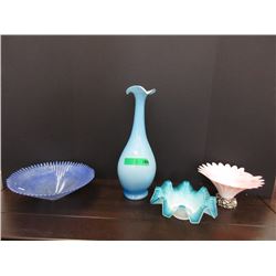 Tall Art Glass Vase & 3 Bowls