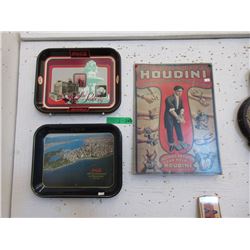 Tin Houdini Sign & 2 Coca-Cola Trays