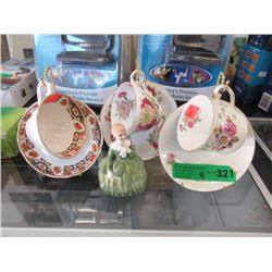 Royal Doulton Figurine & 3 Tea Cups
