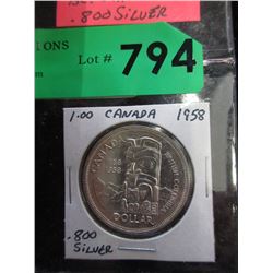 1958 Canadian Silver Dollar Coin - .800 Silver