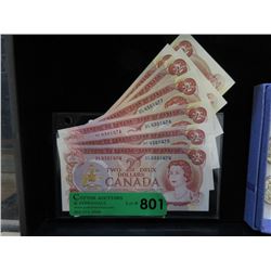 7 Uncirculated 1974 Canadian Sequential $2 Bills