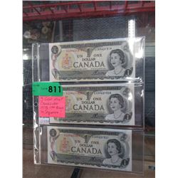 Three Gem Mint 1973 Canadian $1 Bills in Sequence