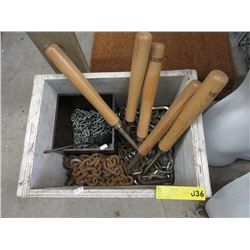 Box of Chains & Wood Working Lathe Tools