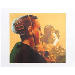 George Deem, Woman in Green with Vermeer's Lacemaker, Lithograph,