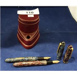 TWO 14K GOLD TIP FOUNTAIN PENS & BAKELITE INK WELL