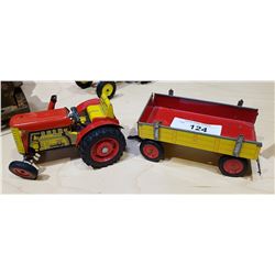 VINTAGE TIN TOY TRACTOR & WAGON