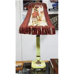 ANTIQUE ONYX TABLE LAMP W/BEADED SHADE