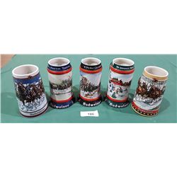 LOT OF 5 COLLECTIBLE BUDWEISER BEER STEINS