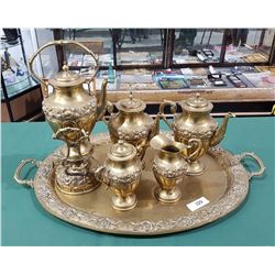 6 PC ANTIQUE ORNATE BRASS TEA SERVICE