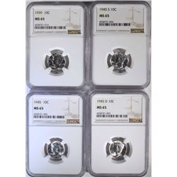 1939 & 1945-P-D-S MERCURY DIMES, NGC MS-65