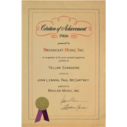 Beatles BMI 'Yellow Submarine' Certificate