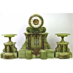 C. 1890s green onyx 3 piece garniture clock set
