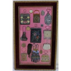 Framed collection of 17 antique purses