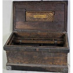 Early wood carpenters trunk with interior trays