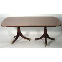 Good quality reproduction mahogany twin pedestal dining table with inlaid banded border