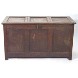 18th century oak and elm three panelled coffer with iron lock, 125cm wide, 70cm high