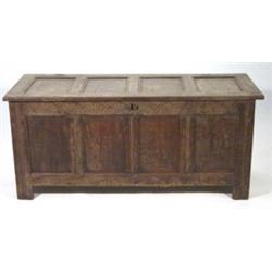 Victorian oak four panelled coffer with carved leaf design front, 140cm wide x 60cm high