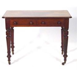 Victorian mahogany hall table with two drawers on turned legs with china castors