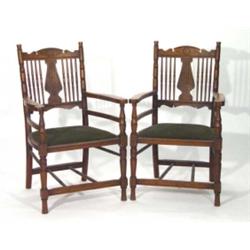 Pair of Victorian oak carver chairs with spindle turned backs