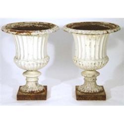 Pair of Victorian white painted cast iron campana shaped garden urns 80cm high