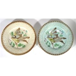 Two Continental Majolica plates decorated with bluetits onto a leaf and berry ground, 21cm diameter