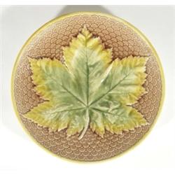 Campbell Majolica leaf design plate, impressed marks to back, 28cm diameter