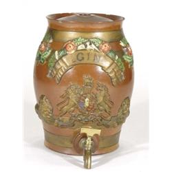 Early 19th century stoneware gin barrel, relief moulded and hand painted with flowers and armorial c