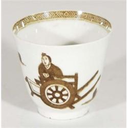 Early 19th century English pottery tea bowl, transfer printed with brown oriental figures and a pseu