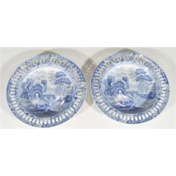 Two early 19th century Spode ribbon plates, transfer printed with blue and white castle scenes, impr