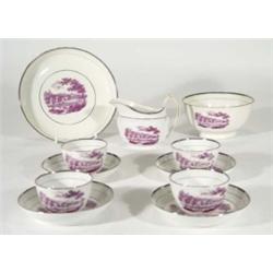 Early 19th century English porcelain part teaset, printed with purple landscape views, comprising mi