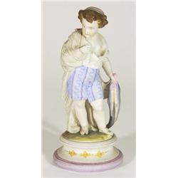 Hand painted Victorian bisque figure of a young boy clutching fish in a shawl, 25cm high