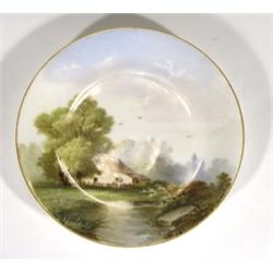 Victorian plate, hand painted with a landscape riverside scene, initialled 'CB', 23cm diameter