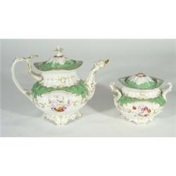 Early Victorian pottery teapot, modelled with a ducks head spout and a matching sucriere, hand paint