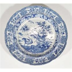 19th century English pottery plate, transfer printed with blue and white birds amongst flowers, 20cm