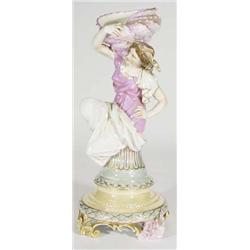 Large Victorian French porcelain lustre centerpiece modelled as a young woman in a flowing dress clu