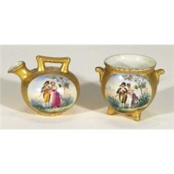 Miniature Continental porcelain ewer and a cauldron, hand coloured and transfer printed with panels