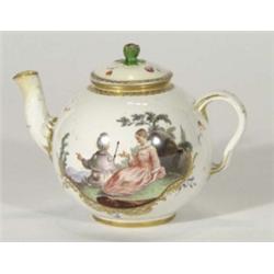 Early 19th century Continental globular porcelain teapot, the spout with floral knop, hand painted w