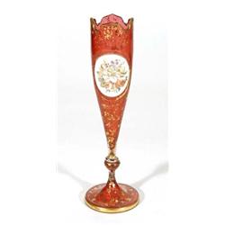 Cranberry coloured glass vase with white overlay mount, hand painted with roses and gilded with styl