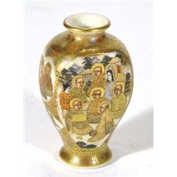 Small flat sided Japanese Satsuma pottery vase, hand painted and gilded with elders and geisha girls
