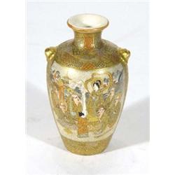 Small Japanese Satsuma pottery vase, hand painted and gilded with figures and geisha girls onto a fl