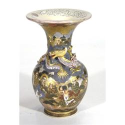 Japanese Satsuma pottery vase with flared rim, relief moulded with a dragon and hand painted with fi