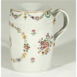 Chinese famille rose porcelain mug with a braided handle, hand enamelled with sprigs and swags of fl