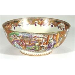Cantonese porcelain fruit bowl, hand enamelled with panels of figures, dogs and women taking tea, 26