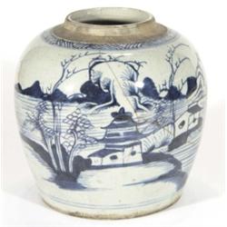 Chinese ginger jar and cover, hand painted with blue pagodas and trees (for restoration), 23cm high