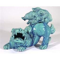 Turquoise glazed Chinese pottery dog with open mouth, 25cm high