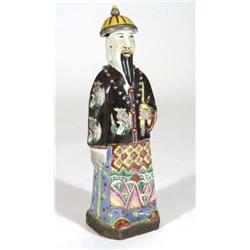 Chinese pottery figure of a gent, hand enamelled with flowers, 32cm high